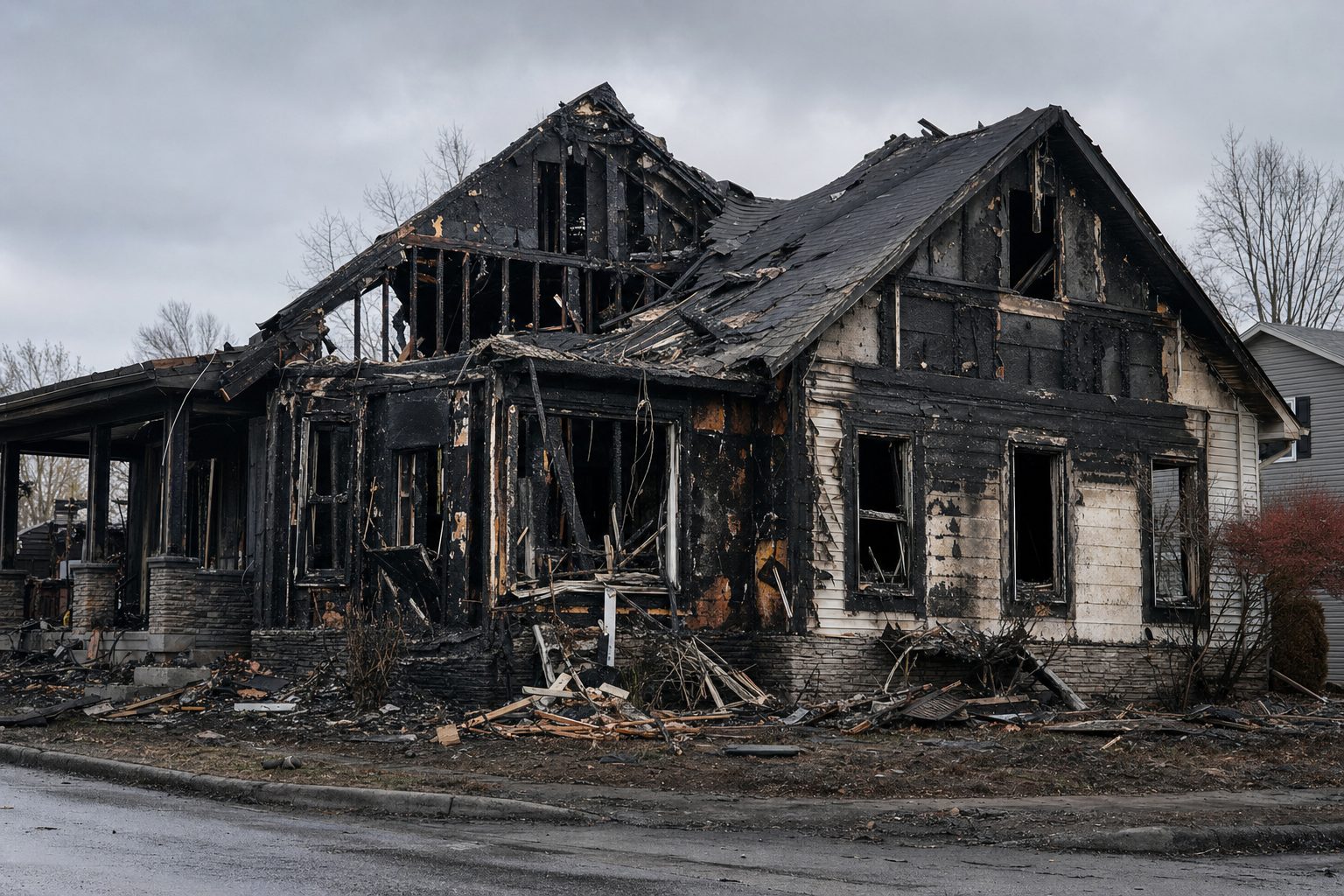 Fire-damaged home requiring emergency restoration and smoke removal