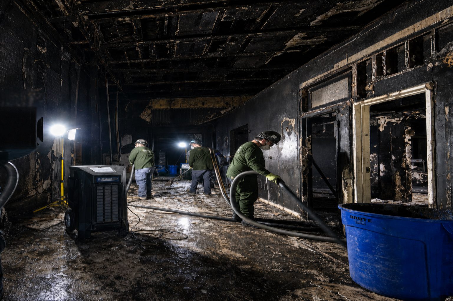 Cantt Restoration technicians working inside a fire-damaged East Texas property