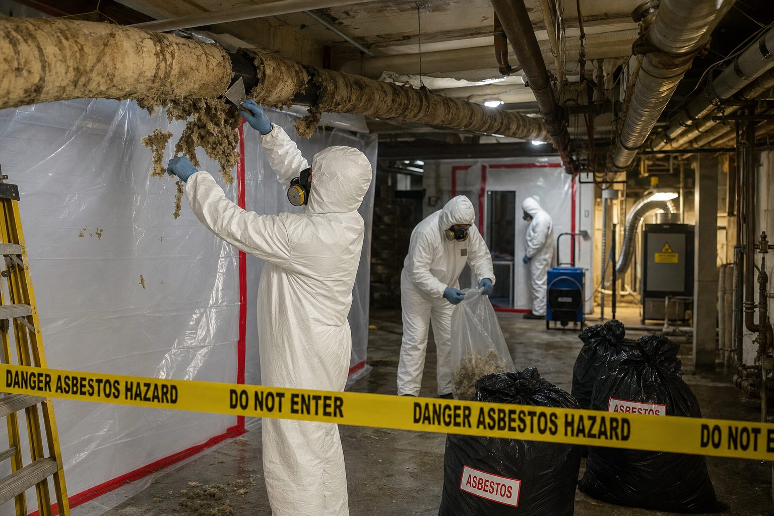 Licensed abatement technicians in hazmat suits removing asbestos-containing materials