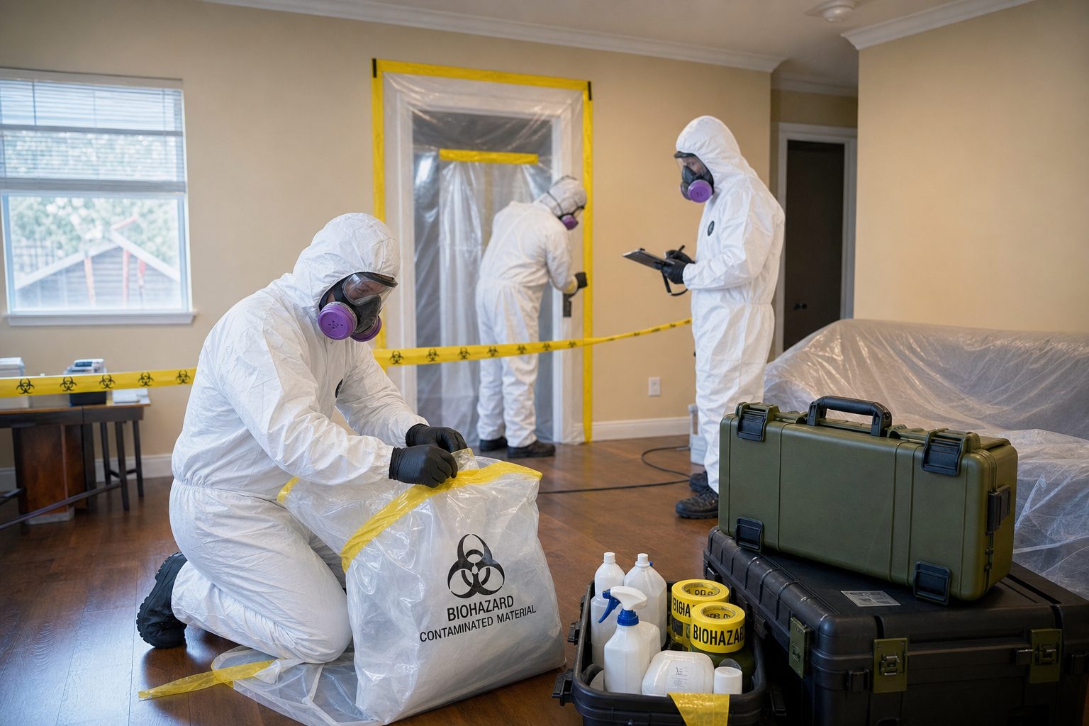 Biohazard cleanup technicians in full Tyvek suits with containment tape
