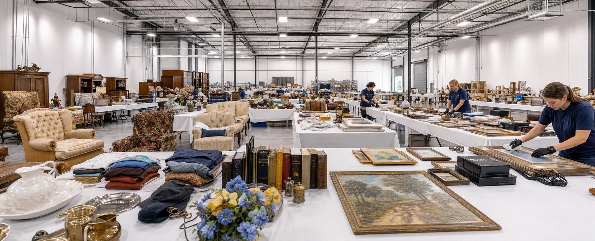 Contents restoration team carefully cleaning and inventorying household items in bright warehouse