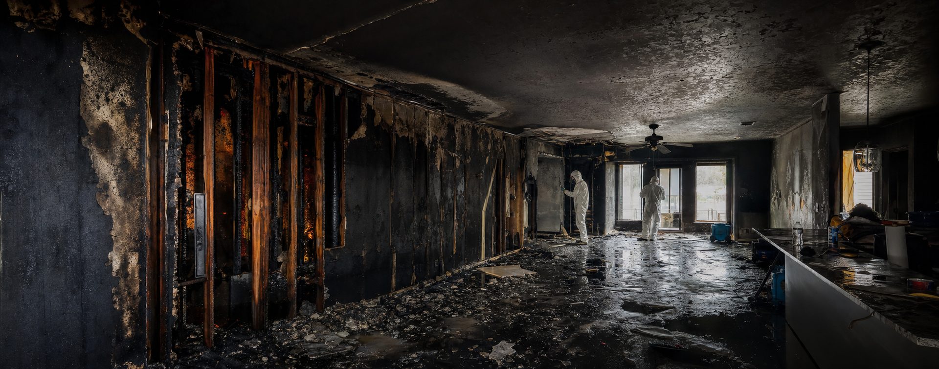 Fire and smoke damage interior with restoration crew beginning mitigation