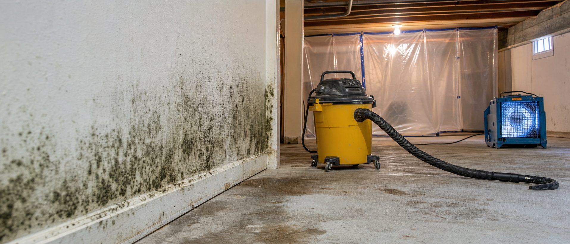 Mold remediation setup with HEPA equipment and containment sheeting in East Texas basement
