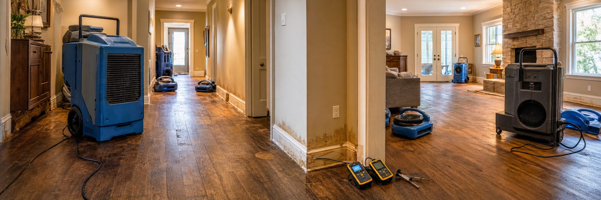 Professional water damage restoration equipment staged in an East Texas home