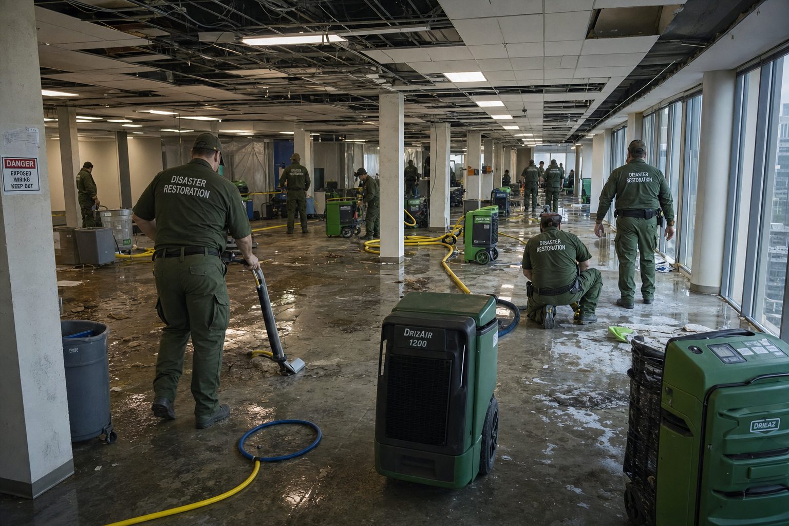 Large-scale commercial restoration operation in multi-floor office building