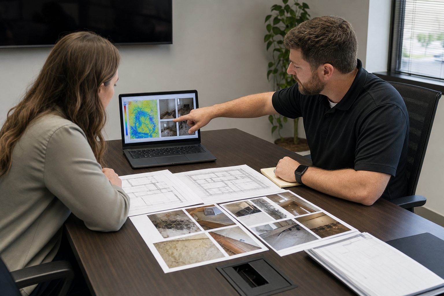 Restoration consultants reviewing damage documentation and scope of loss