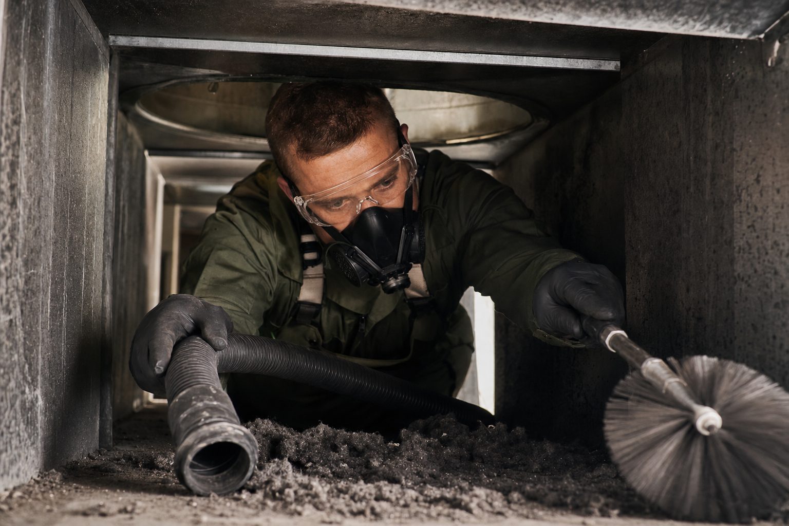 Technician cleaning HVAC ductwork with rotary brush and vacuum