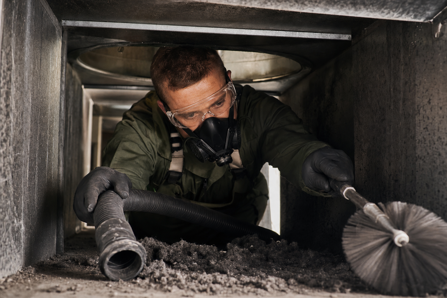 Technician cleaning HVAC ductwork with rotary brush and vacuum