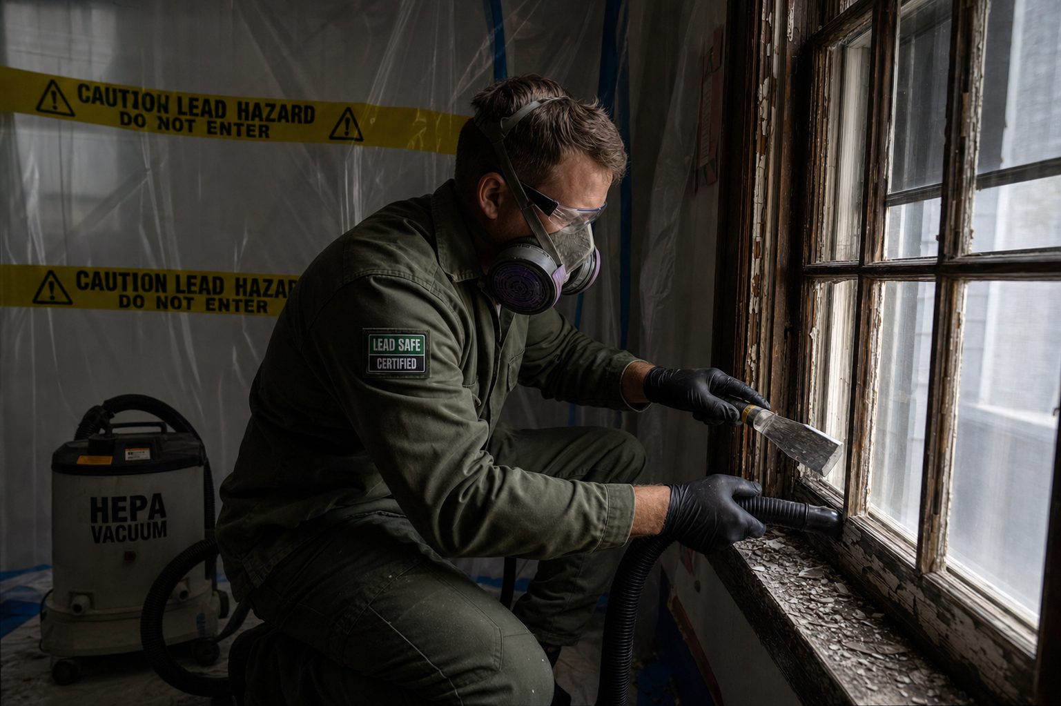 Technician in respirator removing lead paint from old window frames