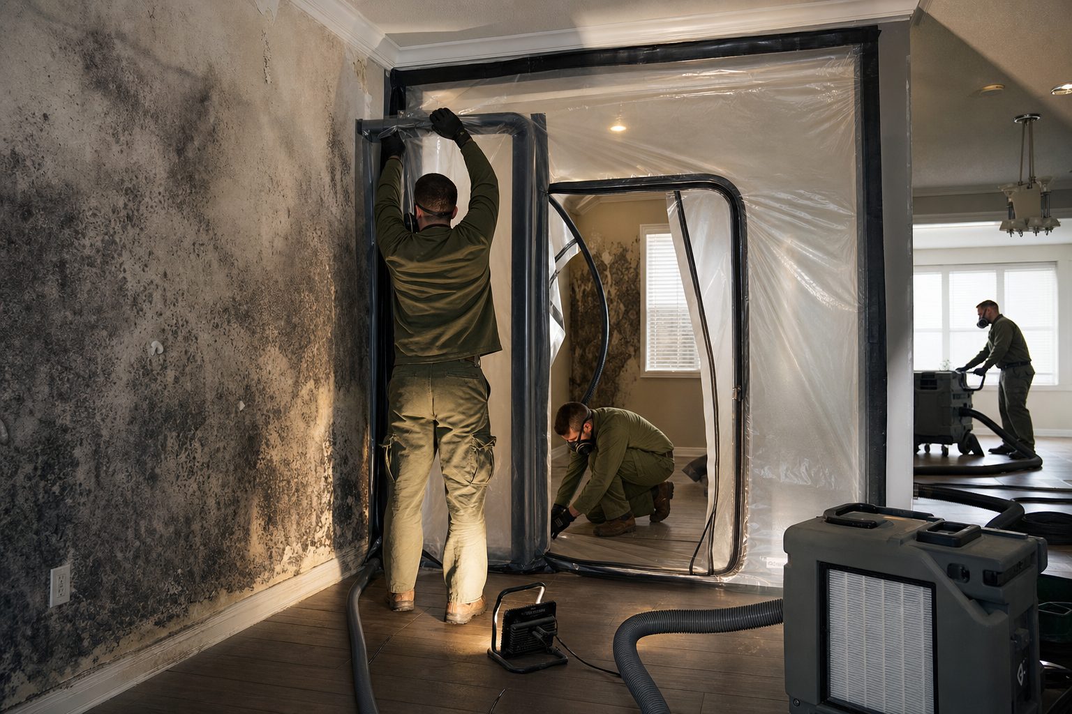 Mold remediation technicians with HEPA equipment and containment barriers
