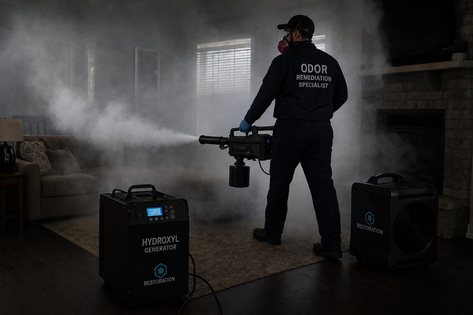 Odor remediation specialist deploying thermal fogging equipment in residential space