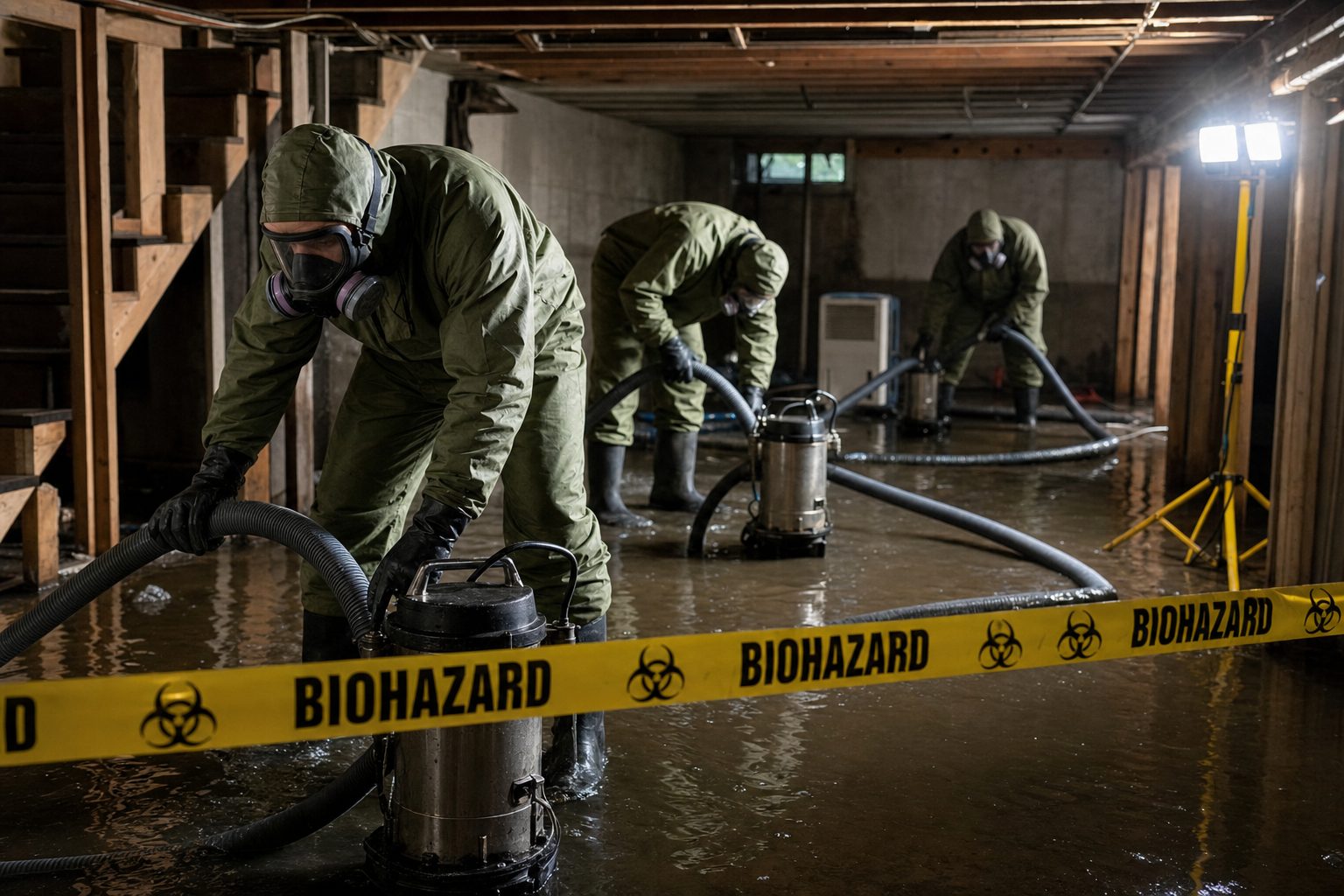 Crew in hazmat gear pumping sewage from flooded basement