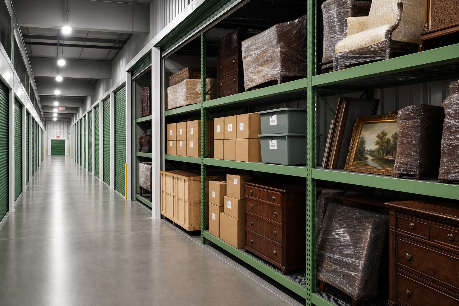 Climate-controlled secure storage facility with shelving and wrapped furniture
