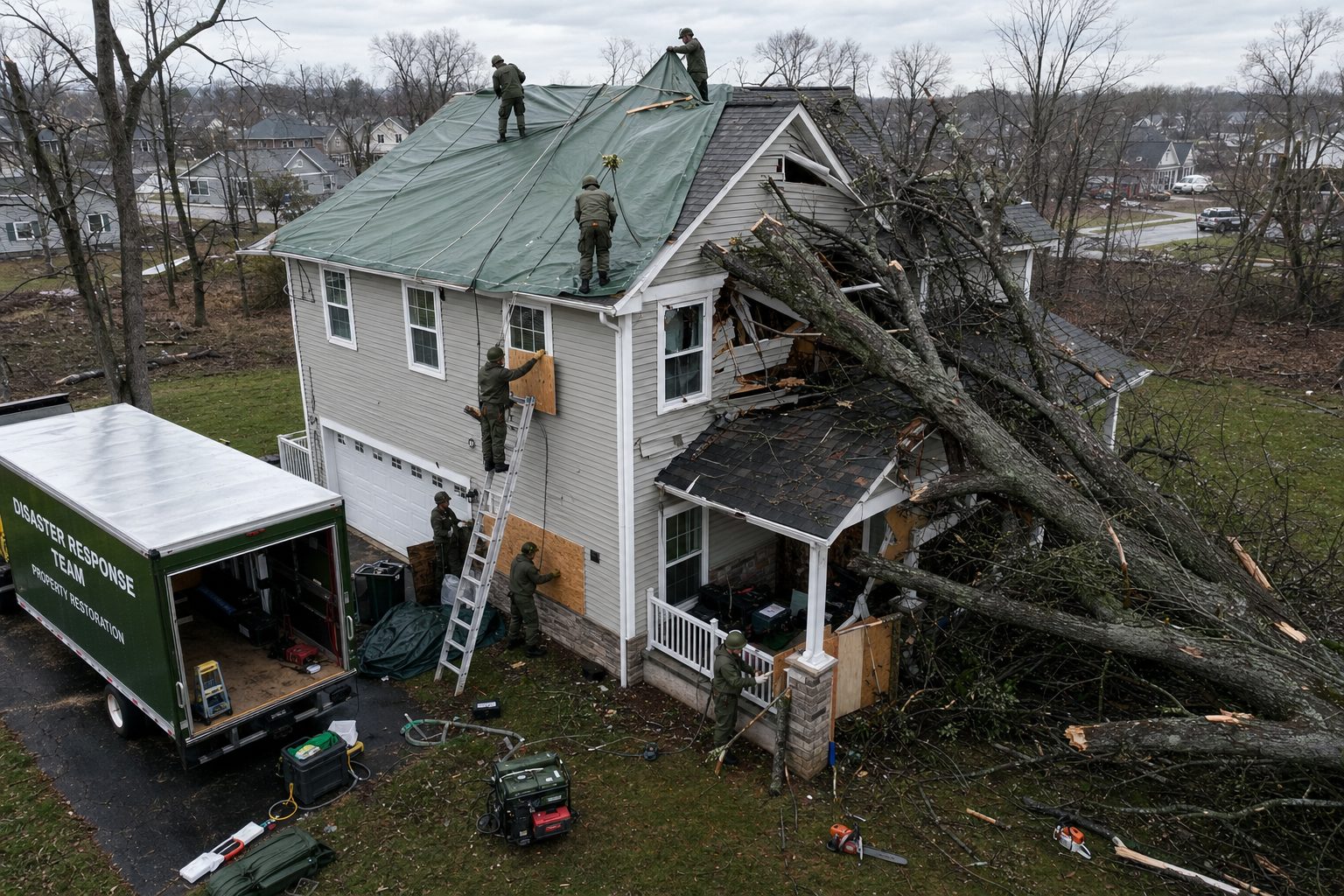 Aerial view of crew boarding up storm-damaged house with fallen tree