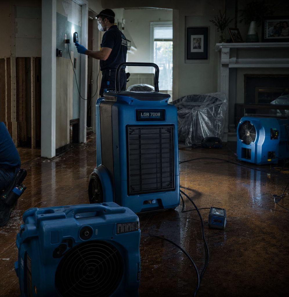 Industrial drying equipment treating water-damaged home interior