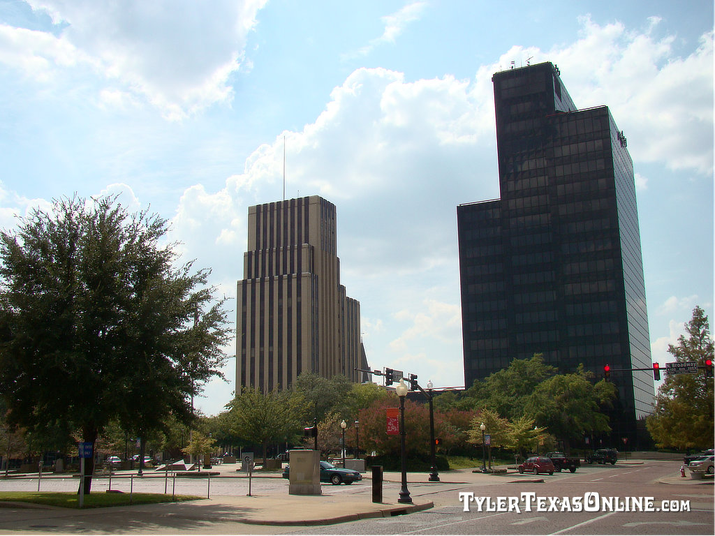 Downtown Tyler Texas skyline and historic brick streetscape, Smith County seat